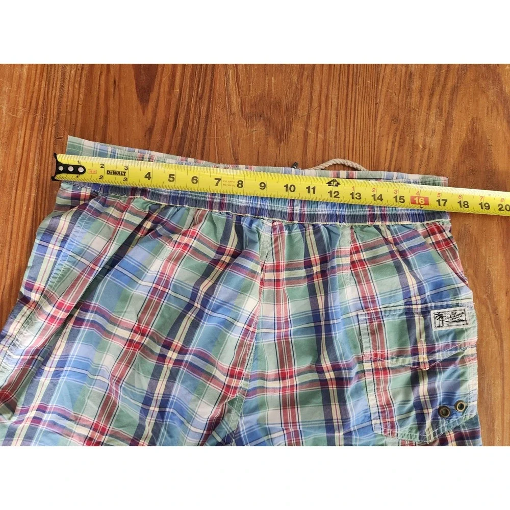 Polo Ralph‎ Lauren Blue Green Plaid Swim Trunks Shorts Mesh Yellow Pony Lrg Vtg